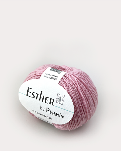 Esther fra Permin garn i farven rosa – blødt uld- og bomuldsgarn til strik og hækling.