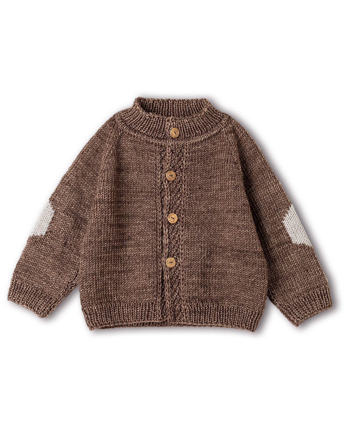 Babyjakke i Cool Wool Big fra Lana Grossa med raglan og kontrastfarvede albuelapper